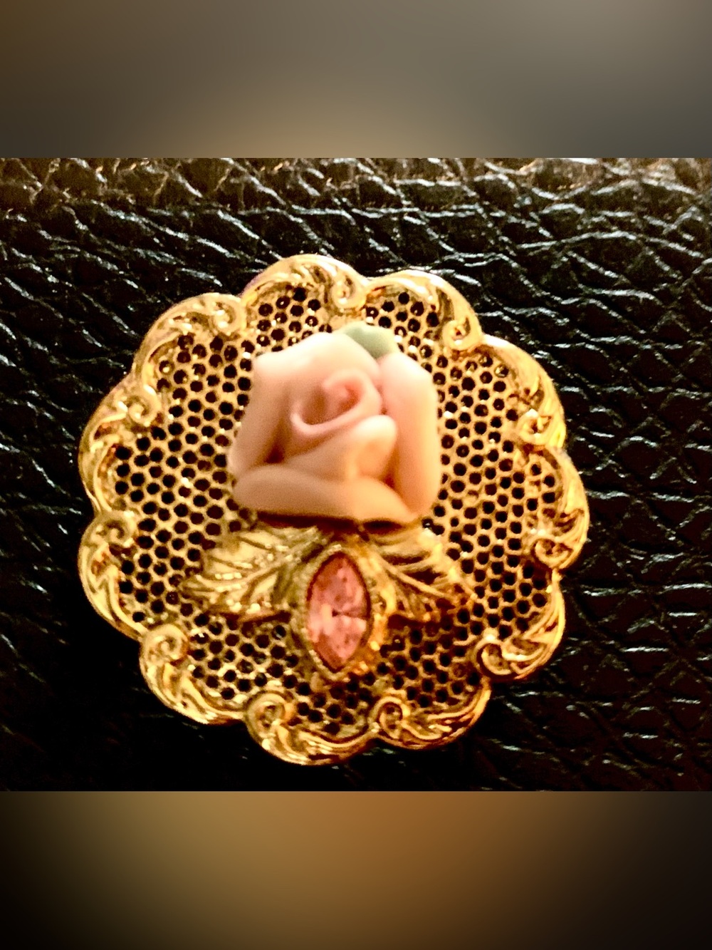 Avon Gold-Tone Brooch with Pink Porcelain Rose and Pink Stone